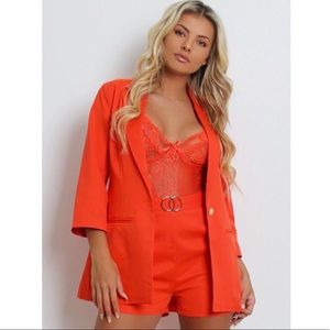 Neon Orange Two Piece Blazer and Shorts Suit